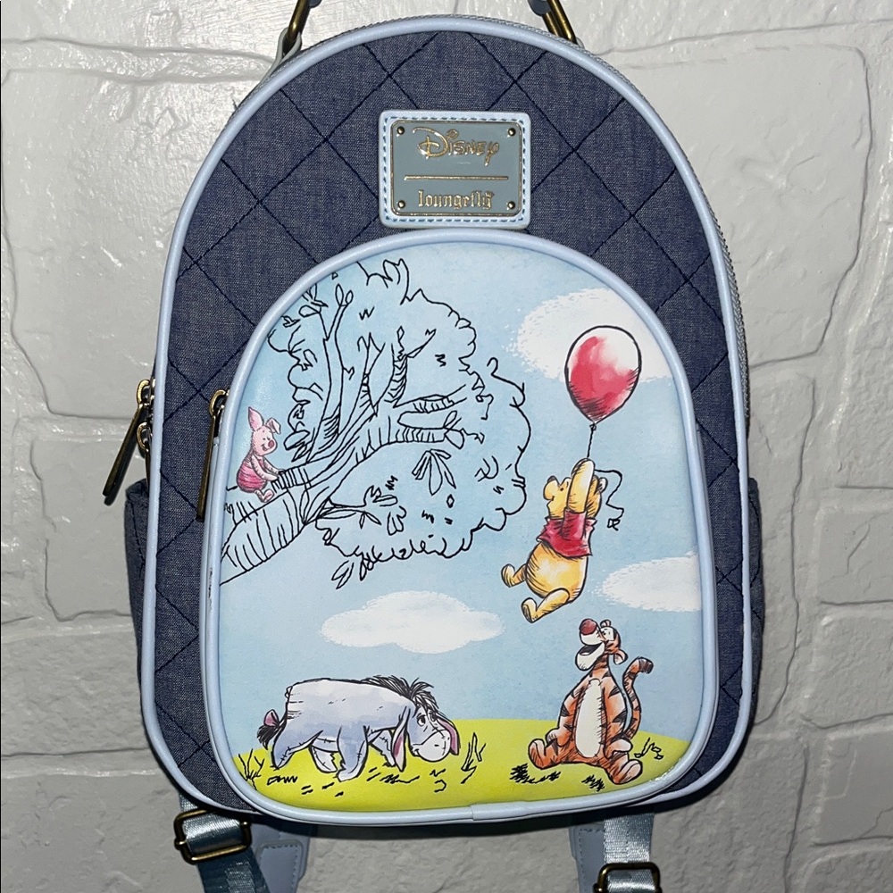 Loungefly Disney Winnie The Pooh Nwot Denim Backpack Vegan Leather - Picture 10 of 13